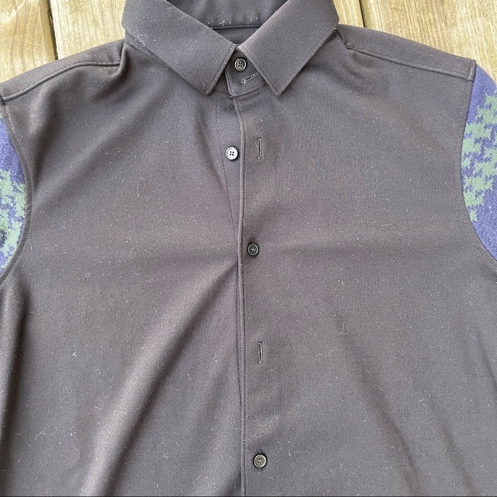 ** Trendiano Black Button Up Sweater Navy Green Sleeve Collared Large - Picture 6 of 11
